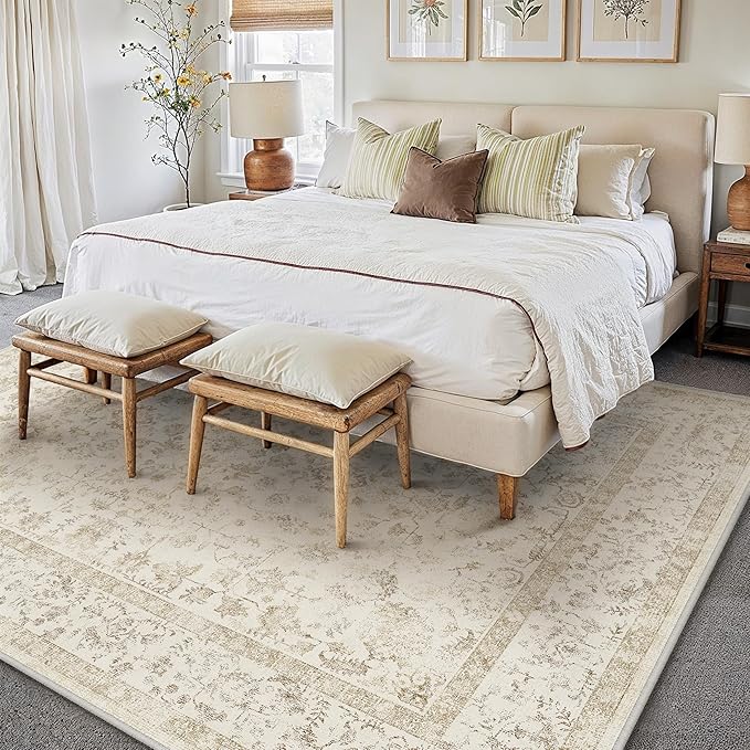 6x9 Brown Area Rug Non Slip Vintage Living Room Distressed Machine Washable Carpet Traditional Indoor Bedroom Brown Retro Floral Accent Throw Rug for Office Kitchen Dorm Dining Room