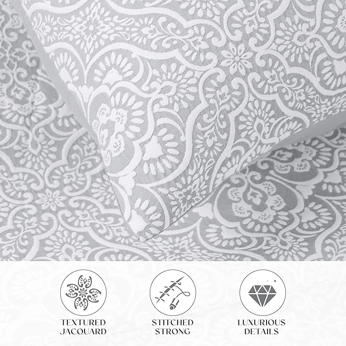 Superior 3 Piece Bedspread Set, Home Bed Decor, Decorative Bed Spread, 2 Pillow Shams, Medium Weight Blanket, Floral Matelasse Coverlet, Bedding Essentials, Enzy Collection, King, Silver