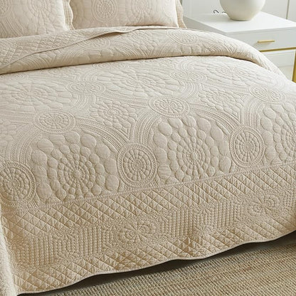 MarCielo 3-Piece 100% Cotton Oversized Bedspread Lightweight Quilt Coverlet Embroidery Farmhouse Bedding (Tf Khaki Beige, Oversized Queen (100"x106"))