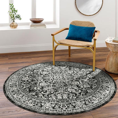 vivorug Round Rug 5ft Vintage-Inspired Round Area Rug Non-Slip Indoor Carpet for Living Room Bedroom Entryway, Stain Resistant Home Decor Circle Rug, Black and White