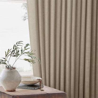 Neutral Pinch Pleated 96 Inch Curtains 2 Panels Set for Windows Flax Linen Textured Drapes Pinch Pleat Back Tab Privacy Light Filtering Greige Curtain Drape with Hooks Rings for Living Room Bedroom