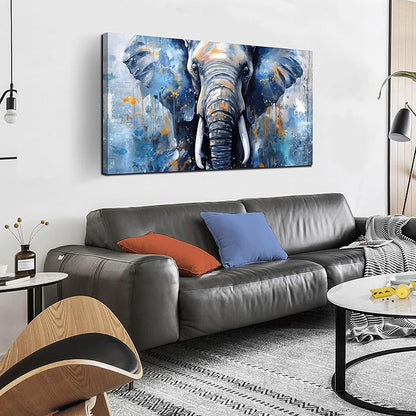 ENTANUB Elephant Wall Art for Bedroom, Animal Canvas Wall Art for Living Room, Blue Picture Print, Size 48x24 Inches