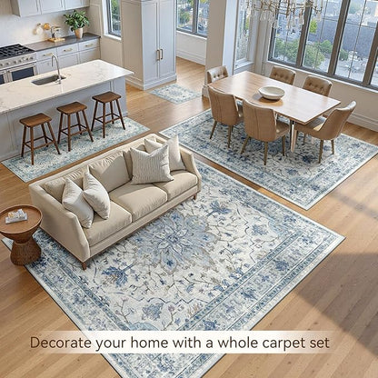 Area Rugs 6'x8' Washable Non-Slip, Floral Vintage Distress Print Pattern Medallion Carpet for Living Room Bedroom Dining Room, Light Blue Navy Beige Gray White