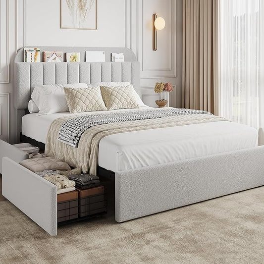 Jojoka Queen Bed Frame with Storage Headboard and 2 Drawers, Boucle Upholstered Platform Bed, Modern Girls Bed Frames for Rooms, No Box Spring Needed, Easy Assembly, Grey