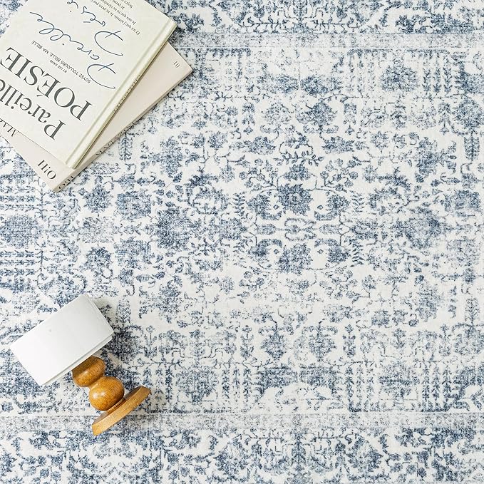 Navy Blue Area Rug 9x12 Machine Washable Large Vintage Living Room Distressed Non Slip Carpet Traditional Indoor Bedroom Retro Floral Accent Throw Rug for Office Kitchen Dining Room