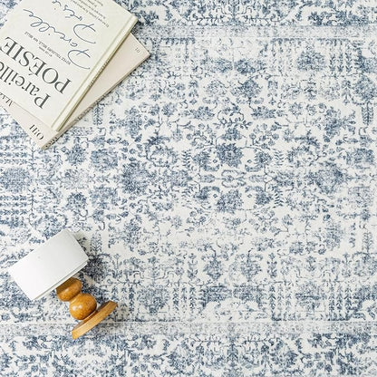 Navy Blue Area Rug 5x7 Machine Washable Vintage Living Room Distressed Non Slip Carpet Traditional Indoor Bedroom Retro Floral Accent Throw Large Rug for Office Kitchen Bathroom Dining Room