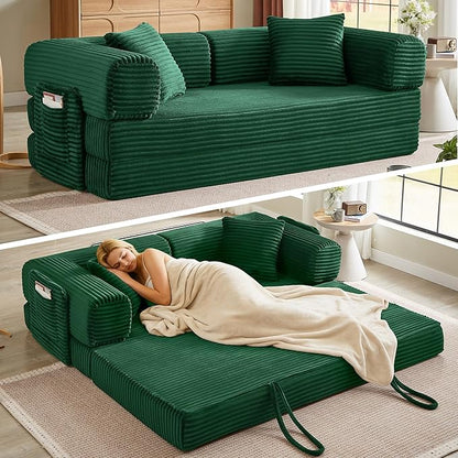 Boneless Couch Folding Couches for Living Room Sofa, Futon Sofa Bed with Sleeper Sofa, Futon Couch with Fixed-Shape Oversized Corduroy Upholstered (Green, 81 Inches)