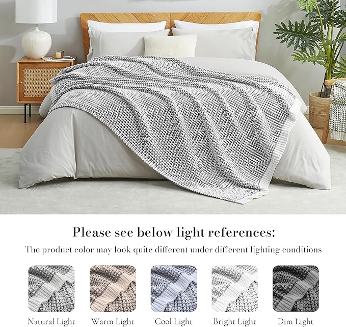 Amélie Home Waffle Chenille Throw Blanket for Couch, Pineapple Stitch Knit Soft Cozy Knit Blanket Decorative Throw for Sofa, Chair, 60"x80", Grey&Ivory