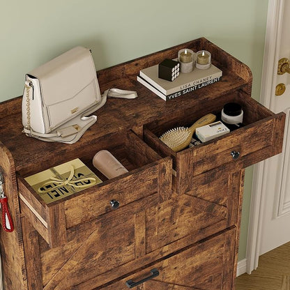 Shoe Storage Cabinet for Entryway, Farmhouse Narrow Shoe Cabinet with 3 Flip Drawers & 2 Top Drawers, Adjustable Shelves & Hooks, Freestanding Hidden Rack Organizer for Hallway, Foyer