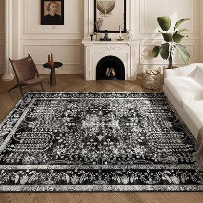 Area Rugs 6x9, Machine Washable Rugs 6x9 Black Large Rug Indoor Floor Non Silp Carpet Distressed Vintage Rug for Bedroom Dining Room Home Office | Black
