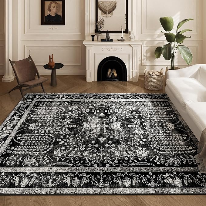 8x10 Area Rugs, Machine Washable Rugs for Living Room Modern Abstract Rug Soft Non-Skid Thin Carpet Indoor Floor Non-Shedding Carpets for Bedroom | Black