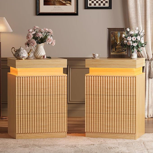 Nightstand Set of 2 for Bedroom, LED Nightstand with 3 Drawers and Charging Station, Mid Century Modern Fluted Nightstands, Bedside Tables & End Tables, Wood