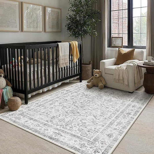 Grey 3x5 Entryway Rug Vintage Area Carpet Indoor Kitchen Washable Door Mat Entrance Small Low Pile Traditional Distressed Retro Accent Throw Rug Non Slip Office Bathroom