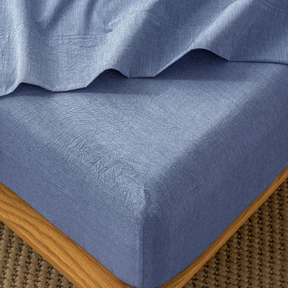 MooMee Fitted Bottom Sheet Only 100% Washed Cotton Linen Like Textured Breathable Durable Soft Comfy Deep Pocket Fits Mattress up to 17" (Blue, Twin)