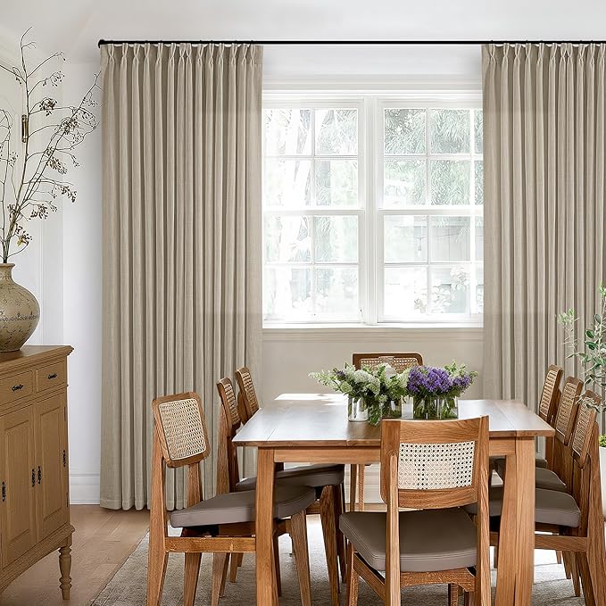 Greige 80 Inches Long Linen Curtains for Living Room Pinch Pleat Hooks for Living Room Back Tab Thick Linen Textured Pleated Drapes Light Filtering Tan Taupe Bedroom Window Curtains 80 Inch Length