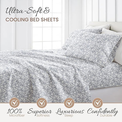 Linen Market Double-Brushed Patterned Microfiber California King Sheet Set 4 Piece – OEKO-TEX Certified Ultra Soft & Wrinkle-Free - 16" Deep Pocket Sheets Easy Care Cal-King Size - Coarse Paisley Navy