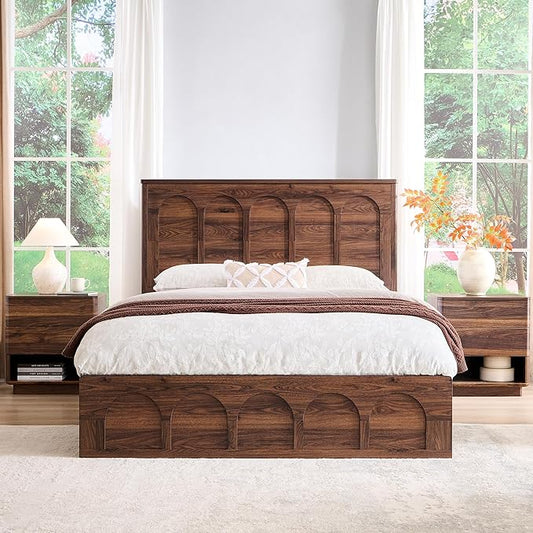 ACCOHOHO Queen Size Bed Frame Modern with 52" Tall Arched Recessed Headboard and 4 Drawers, Solid Wood Slats Support, Wood Platform, Noise Free, No Box Spring Needed, Brown