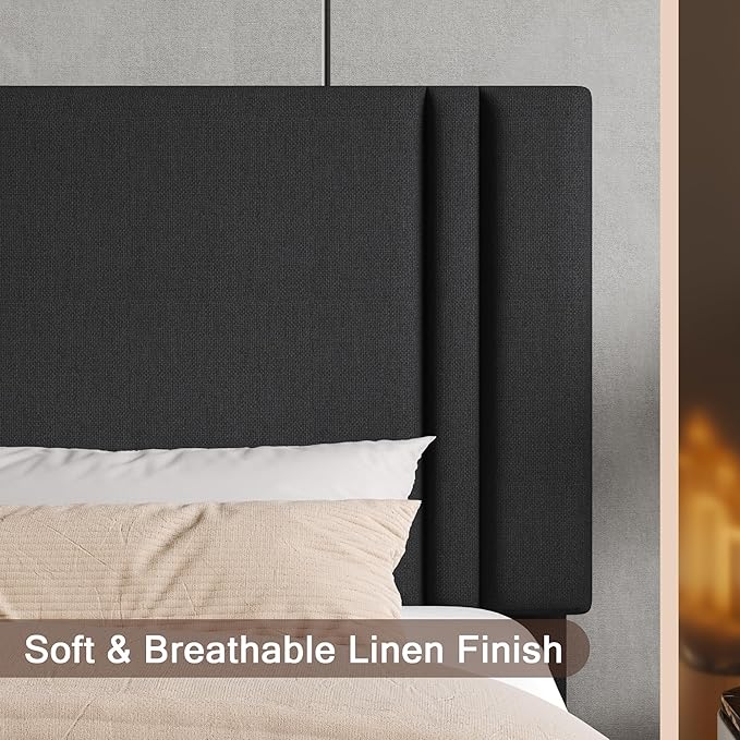 Upholstered Queen Size Bed Frame with Linen Fabric Headboard, Strong Wooden Slats Support, Noise Free, No Box Spring Needed, Black