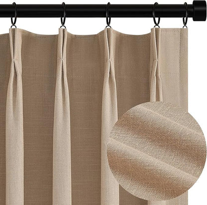 Topfinel 100% Blackout Linen Curtains 72 Inch Length,Pinch Pleated Neutral Back Tab Drapes with Hooks Room Darkening Heat Reducing Farmhouse Rustic Lined Draperies for Bedroom Baby Room 2 Panels Set