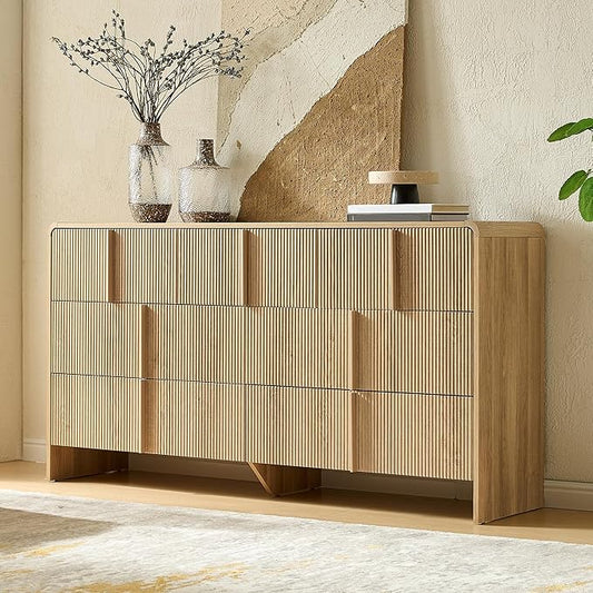 AMERLIFE 63" Fluted 7 Drawer Dresser, Wide Modern Chest of Storage Drawers with Pine Handles, Rounded Corners & Anti-Tip Design, Wood Closet Organizer for Bedroom, Living Room, Natural Oak