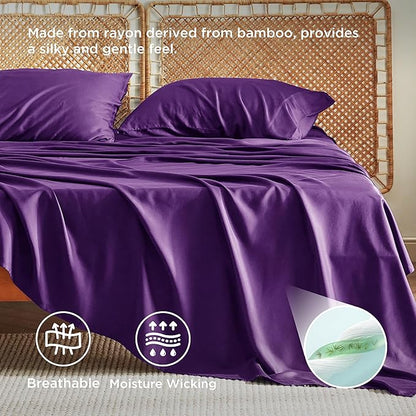 Bedsure King Size Sheets Set, Cooling Sheets for Hot Sleepers, Rayon Derived from Bamboo, Breathable & Soft, Deep Pocket Up to 16 Inches, Hotel Luxury Silky Bedding, Plum