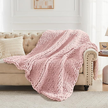 Carriediosa Chunky Knit Throw Blanket 60" X 80" Twin, 100% Hand Made Large Chenille Loop Yarn Soft Fluffy Throws for Couch Sofa Bed, Big Crochet Cozy Heavy Thick Cable Woven Blankets, Dusty Pink