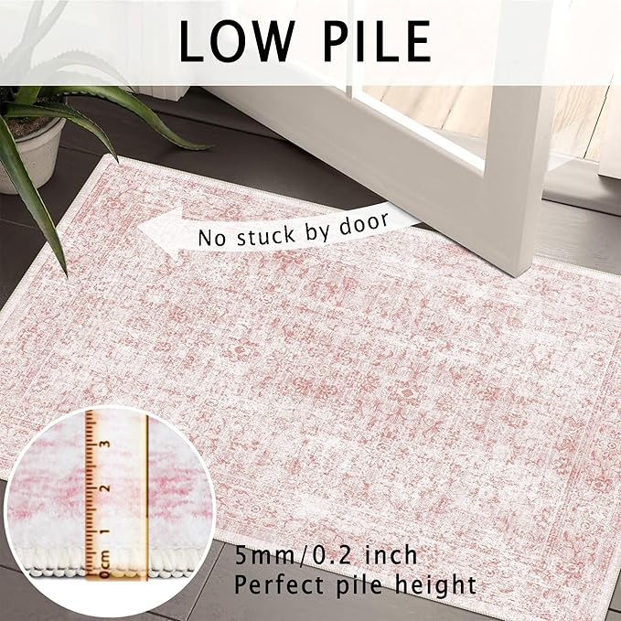 3x5 Rug, Small Area Rug for Living Room, Bedroom, Kitchen, Machine Washable Non-Slip Throw Rug, Vintage Distressed Floral Carpet for Entryway Nursery Dinner Room - Durable (Pink)