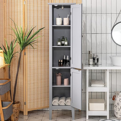 Tangkula Tall Bathroom Storage Cabinet, 5-Tier Wooden Freestanding Tower Cabinet Floor Organizer, Narrow Storage Floor Cabinet w/2 Doors & Shelves for Bathroom Living Room Kitchen (Grey)