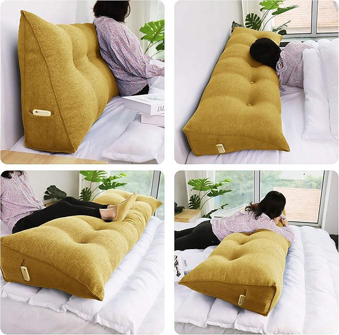 homecozy Wedge Headboard Pillow Dorm Room Reading Pillow Back Support for Sitting Up in Bed Bolster Lumbar Cushion Body Positioning Bedrest Cotton Linen 39in Yellow Twin