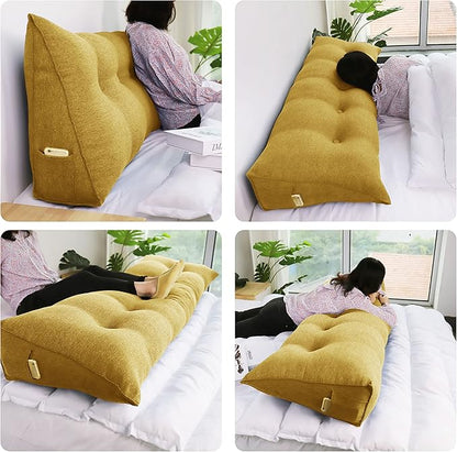 homecozy Wedge Headboard Pillow Dorm Room Reading Pillow Back Support for Sitting Up in Bed Bolster Lumbar Cushion Body Positioning Bedrest Cotton Linen 54in Yellow Full