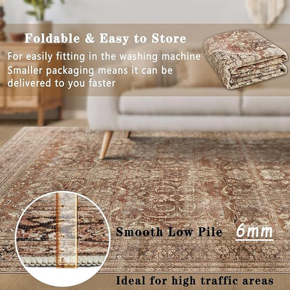 vivorug 6x9 Area Rugs, Ultra-Soft Washable Rug for Living Room Dinner Room Bedroom, Non-Slip Vintage Rug, Indoor Carpet Large Area Rug, Brown