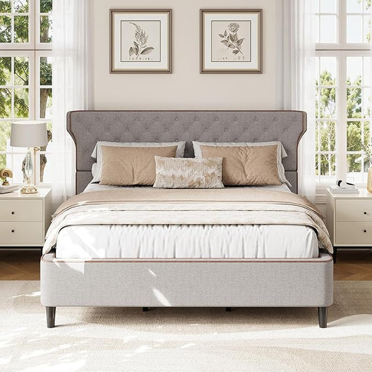 Christopher Knight Home Salus Linen Upholstered Queen Size Bed Frame with Headboard, Modern Queen Bed Frame and Headboard, Wooden Slats Support, Easy Assembly, No Box Spring Needed, Grey