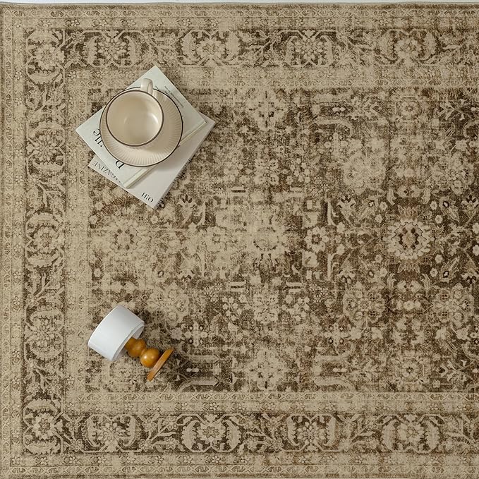 Brown 2x6 Runner Rug Hallway Non Slip Kitchen Vintage Distressed Long Carpet Indoor Machine Washable Traditional Floral Bedroom Accent Throw Rug for Office Laundry Bathroom Dining Living Room