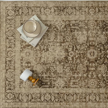 Brown 8x10 Area Rug Non Slip Large Vintage Living Room Distressed Machine Washable Retro Carpet Indoor Bedroom Traditional Floral Accent Throw Rug for Office Kitchen Dorm Dining Room