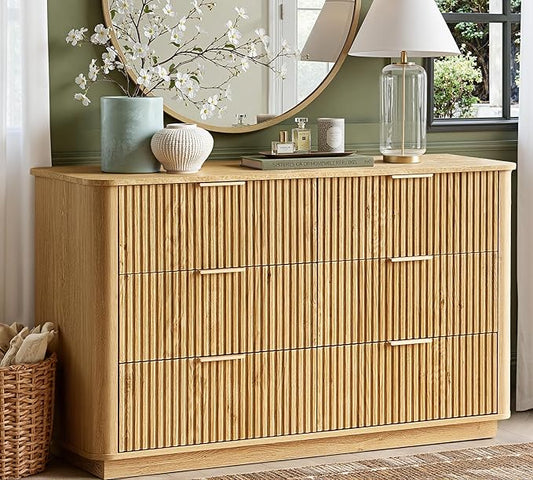 win2win 6 Drawer Dresser, Modern Dresser with Storage, 47" Wide Fluted Chest of Drawers with Faux Marble Top, Dressers TV Stand, Minimalist Drawers Organizer for Bedroom, Living Room, Hallway, Oak