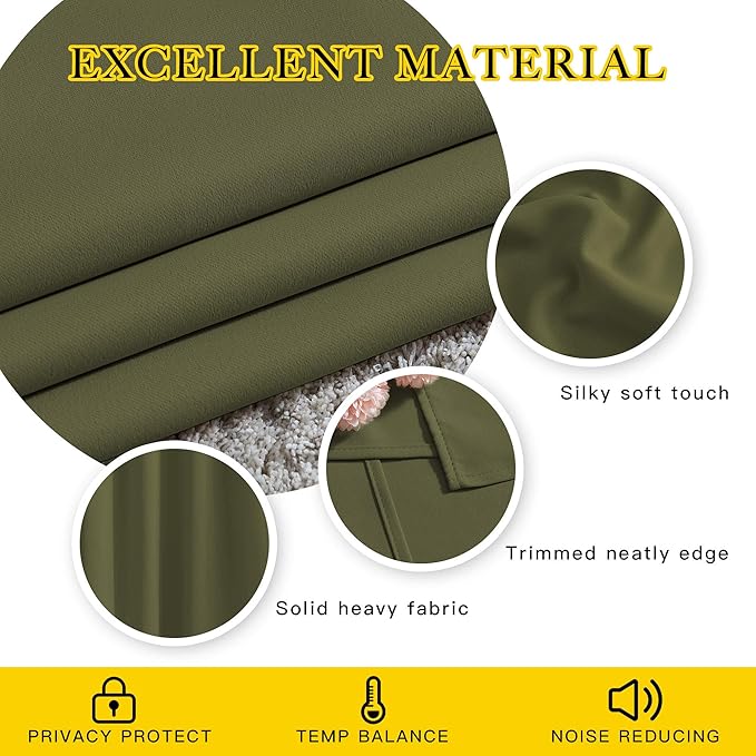 NICETOWN Room Darkening Curtains 84 inch Length 2 Panels Set - 3 Pass Microfiber Noise Reducing Thermal Insulated Solid Ring Top Curtains & Drapes for Living Room (66 x 84 Inch, Olive)
