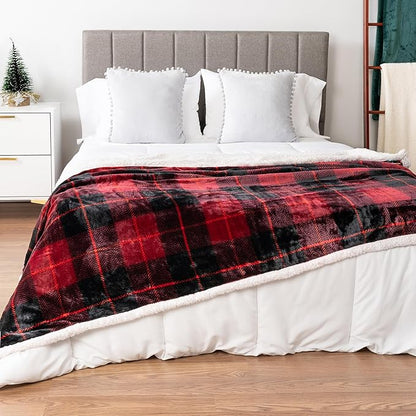 Pavilia Red Plaid Sherpa Throw for Twin, Plush Flannel Fleece Blanket and Throws, Soft Fuzzy Cabin Blanket for Sofa Bed, Warm Cozy Winter Gift, 60x80
