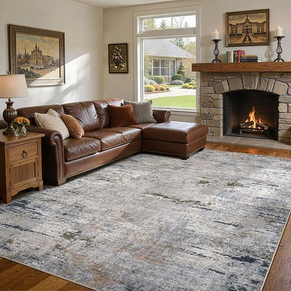 Area Rug Living Room Rugs - 8x10 Washable Large Soft Indoor Neutral Modern Abstract Low Pile Rug Carpet for Bedroom Dining Room Farmhouse Home Office - Blue/Grey/Brown