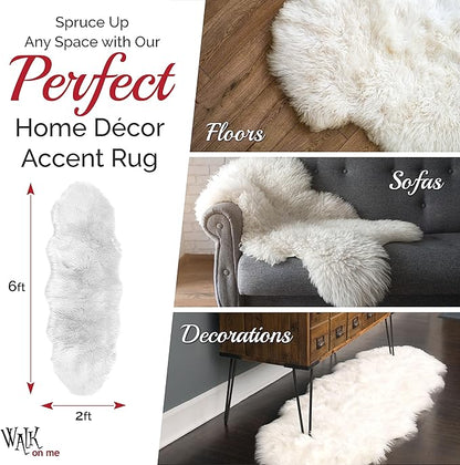 Walk on Me White Double Pelt Faux Fur Sheepskin Rug: Ultra Soft, Super Thick, Fluffy 2x6 Feet, Living Room, Bedroom, Office, Synthetic, Latex, Non-Slip
