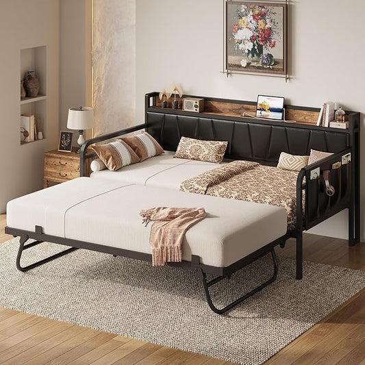 LIKIMIO Daybed with Trundle Bed, Twin XL Bed Frame with Storage Headboard and Charging Station, Sofa Day Bed with Strong Supports for Living Room, Bedroom, and Guest Room, Black