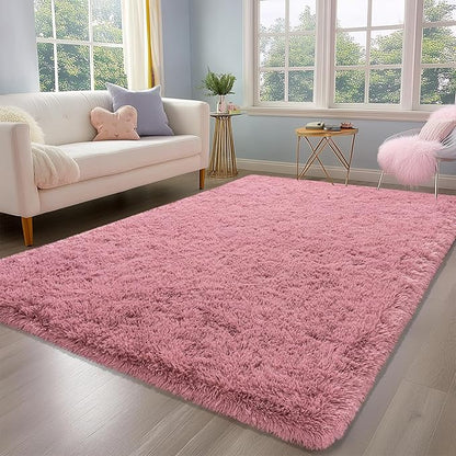 Fluffy Rug for Bedroom, 4x6 Blush Pink Shag Area Rug for Living Room, Soft Modern Indoor Fuzzy Plush Rug, Non-Slip Shaggy Carpet for Girls Kids Room Nursery Dorm Home Decor