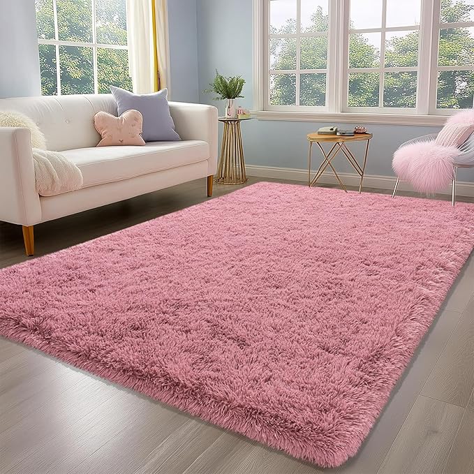 Fluffy Rugs for Living Room, Soft Shaggy Rugs for Bedroom, Blush Pink Shag Area Rug, Cozy Fuzzy Carpet for Kids Home Decor, 6x9 Feet