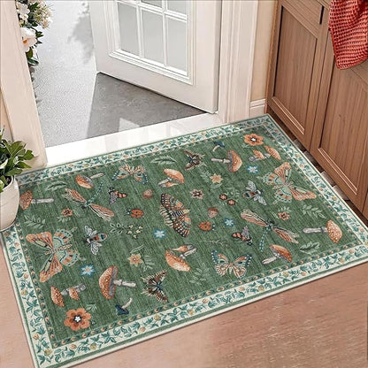 Mushroom Small Rug 2x3 Washable Door Mat Indoor Rugs for Entryway Non-Slip Soft Ultra-Thin Stain Resistant Foldable Rugs Kitchen Bedroom Living Room Green
