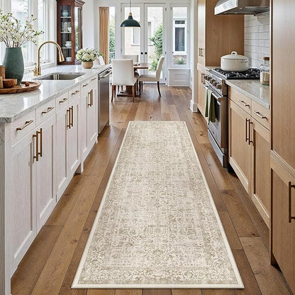 Light Brown Runner Rug 2x12 Hallway Machine Washable Kitchen Vintage Distressed Non Slip Long Carpet Indoor Retro Floral Bedroom Accent Throw Rug for Bathroom Office Laundry Dining Room