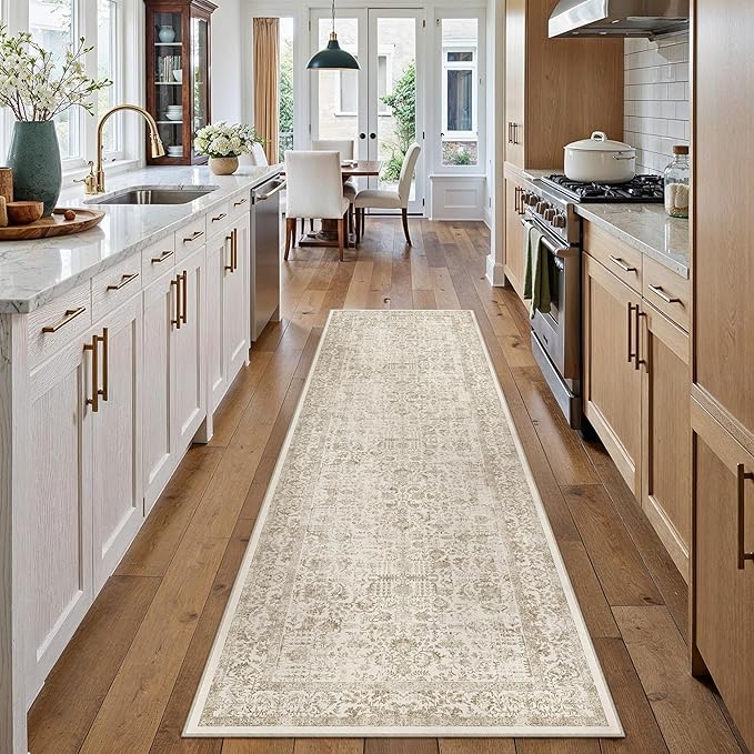 Light Brown Runner Rug 2x7 Hallway Machine Washable Kitchen Vintage Distressed Non Slip Long Carpet Indoor Retro Floral Bedroom Accent Throw Rug for Bathroom Office Laundry Dining Room