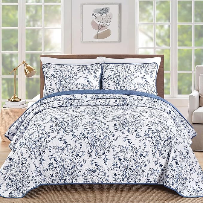 WONGS BEDDING Quilt Queen Size, Blue Quilt Bedding Set with 2 Pillowcases, Botanical Quilts for Queen Bed, Soft Microfiber Lightweight Coverlet Bedspread for All Season (96"×90", 3 Pieces)