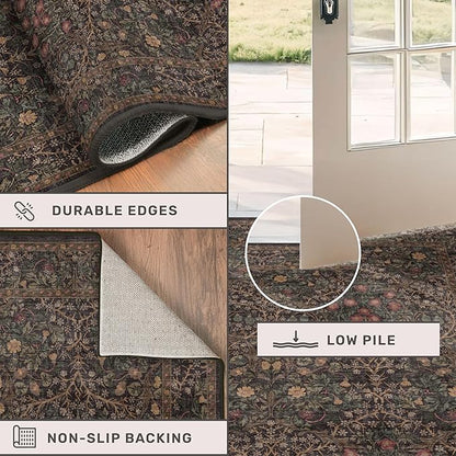 Vintage Dark Brown Washable 8x10 Living Room Rug, Non-Slip Large Area Rugs for Dining Room Under Table, Bedroom, Black Brown Floral Carpet with Deep Olive Accent, Low Pile Stain Resistant