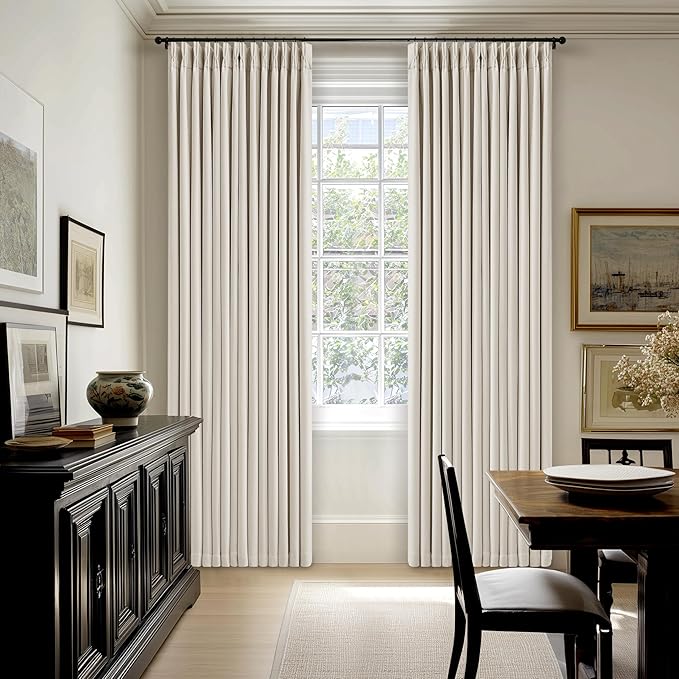 90 Inch Pinch Pleated Blackout Linen Curtains for Bedroom 2 Panels Memory Trained 100% Black Out Soundproof Room Darkening Natural Cream Ivory Birch Window Curtains Double Layer Pinch Pleat Drapes