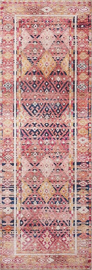 Loloi Layla Collection LAY-15 Magenta/Multi 5'-0" x 7'-6" .13" Thick Area Rug, Soft, Durable, Vintage Inspired, Distressed, Low Pile, Non-Shedding, Easy Clean, Printed, Living Room Rug