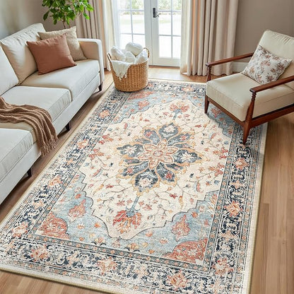 Area Rugs 5'x8' Washable Non-Slip, Floral Vintage Distress Print Pattern Medallion Carpet for Living Room Bedroom Dining Room, Beige Navy Blue Orange Colorful